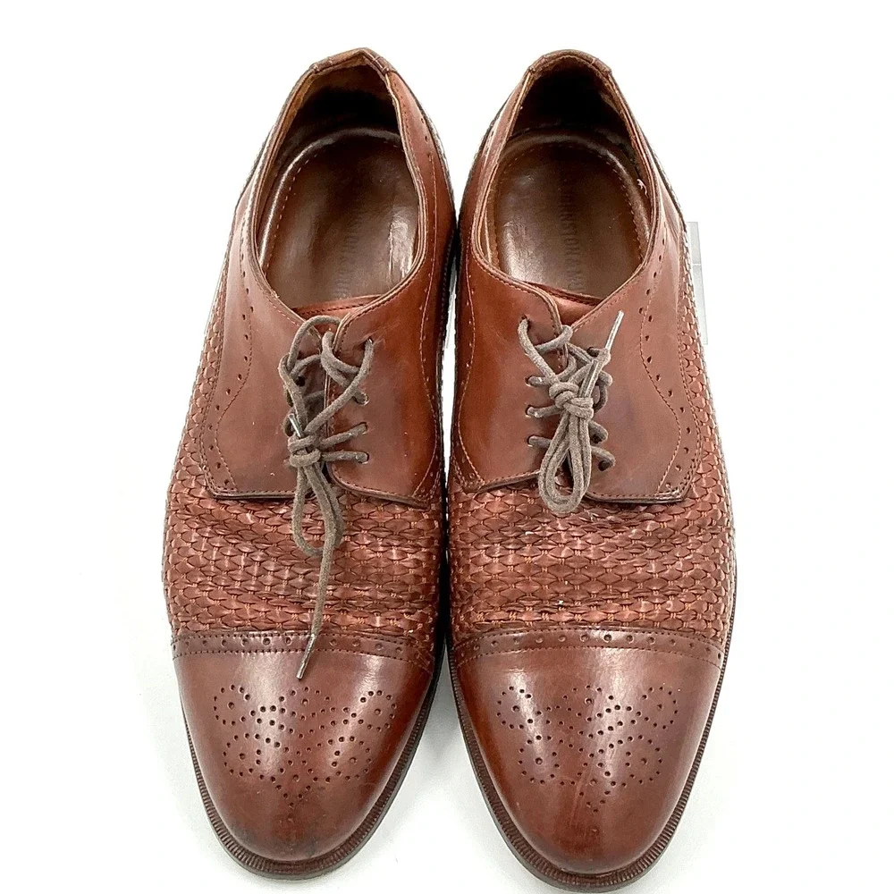 Johnston & Murphy Mens Size 9.5 Brown Woven Leather Cap Toe Oxford Brogue Shoes